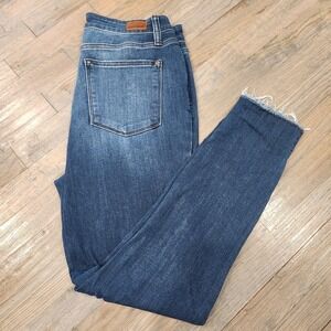 Judy Blue Jeans Womens 13/31 Blue Skinny Fit Split Ankle Whiskered Raw Hem